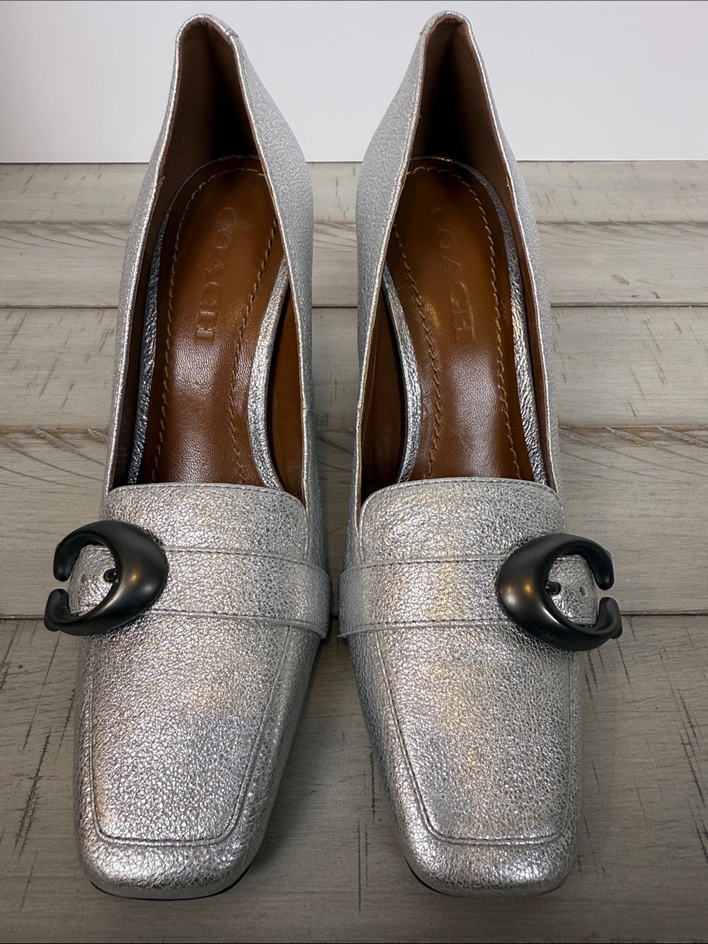 Coach Silver Metallic Jade 85mm Loafer Pump C Logo Square Toe Size 5.5B